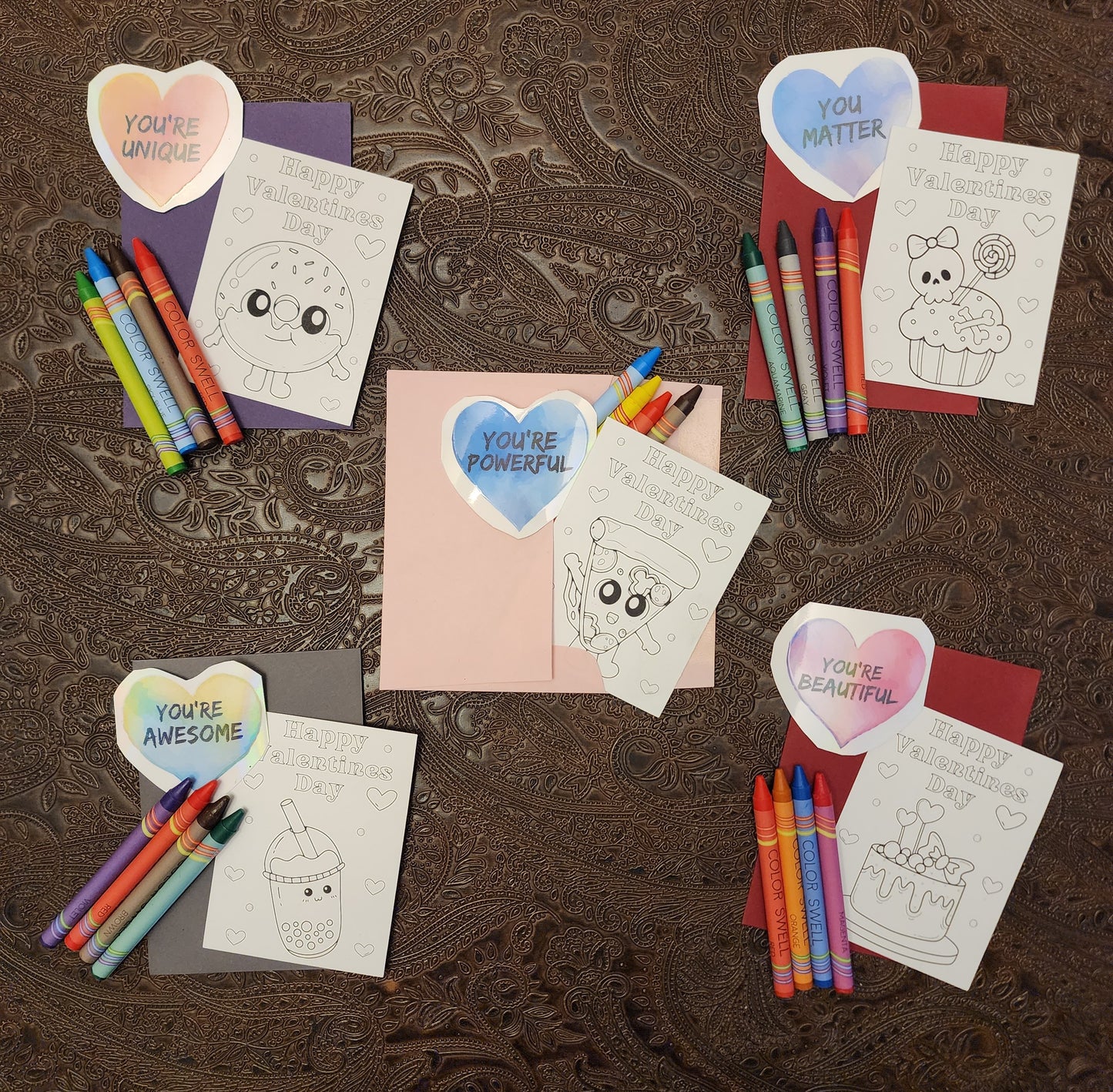 Valentine Kit. Coloring Night. 50+ Design options. 4 items: Crayons, Sticker, Valentine, Envelope.