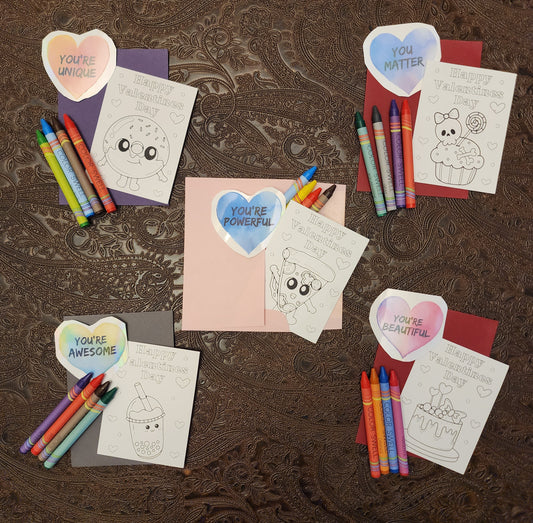 Valentine Kit. Coloring Night. 50+ Design options. 4 items: Crayons, Sticker, Valentine, Envelope.