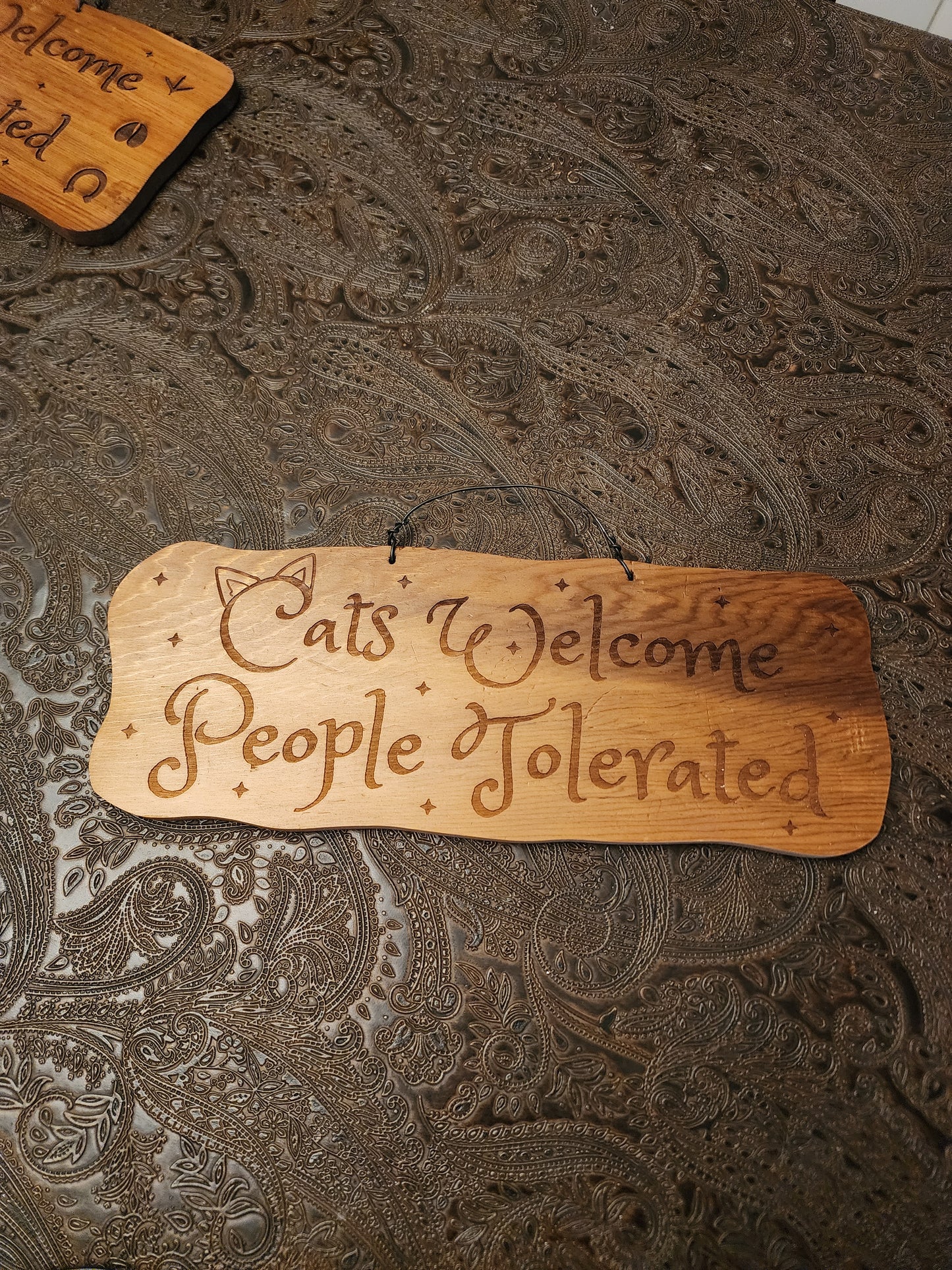 Wood Sign, Upcycled, Handmade. Cat ears. "Cats Welcome People Tolerated"