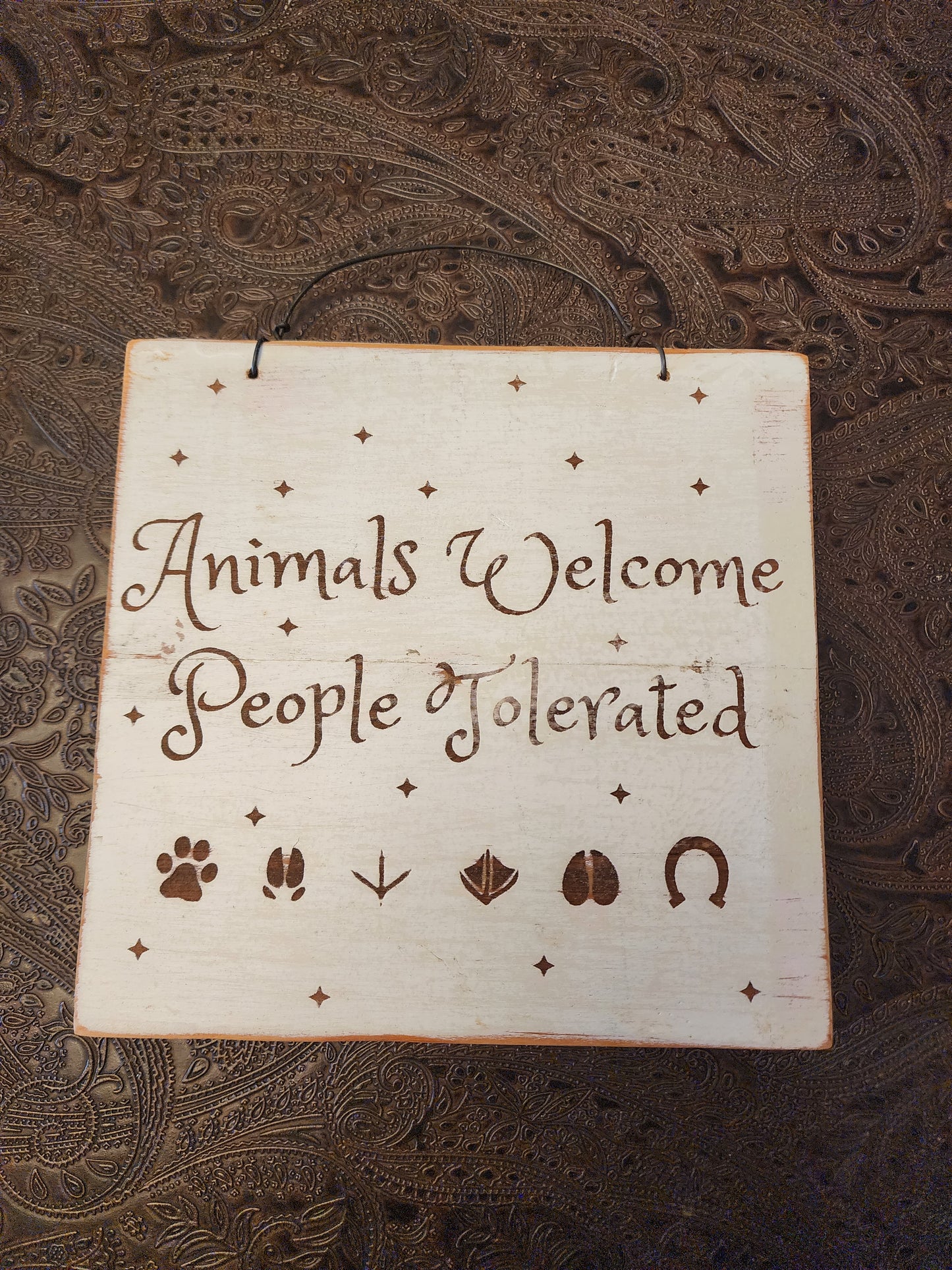 Wood Sign, Upcycled, Handmade. Double sided. One line/script dog. "Dogs Welcome People Tolerated"