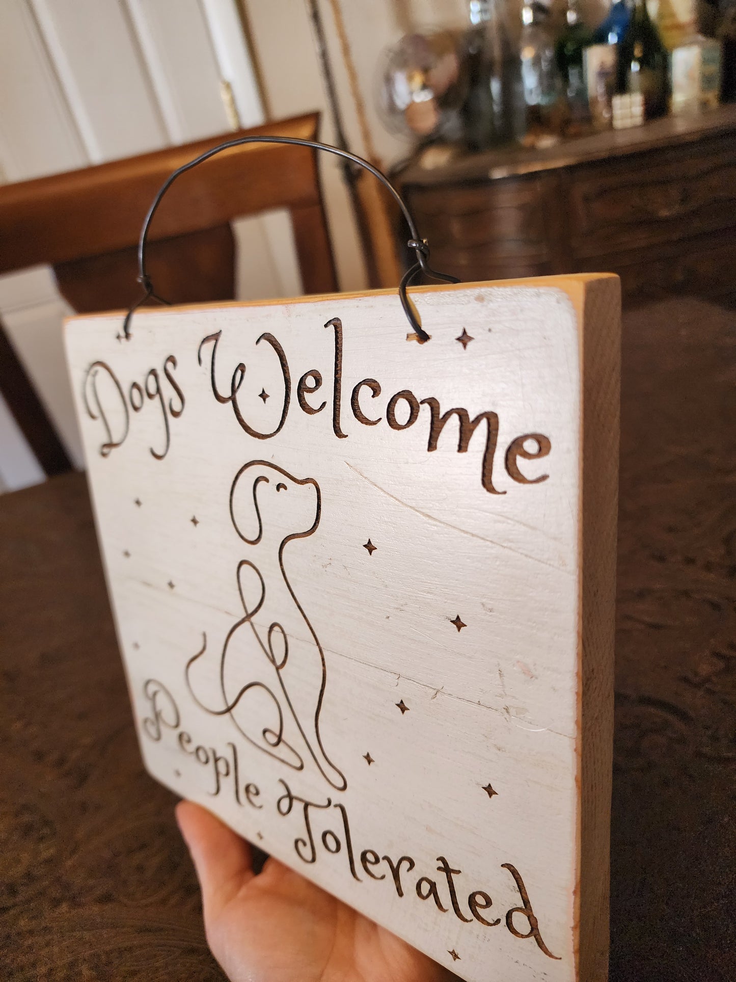 Wood Sign, Upcycled, Handmade. Double sided. One line/script dog. "Dogs Welcome People Tolerated"