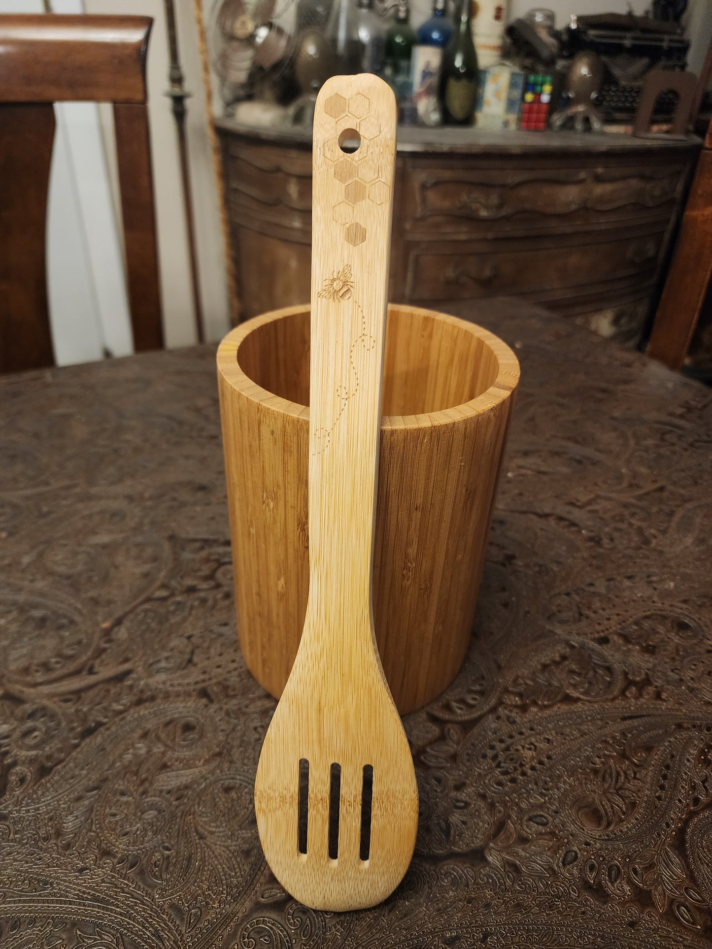 "Bees and Honeycombs design" Bamboo Wooden Cooking Utensils. Kitchen Spoon