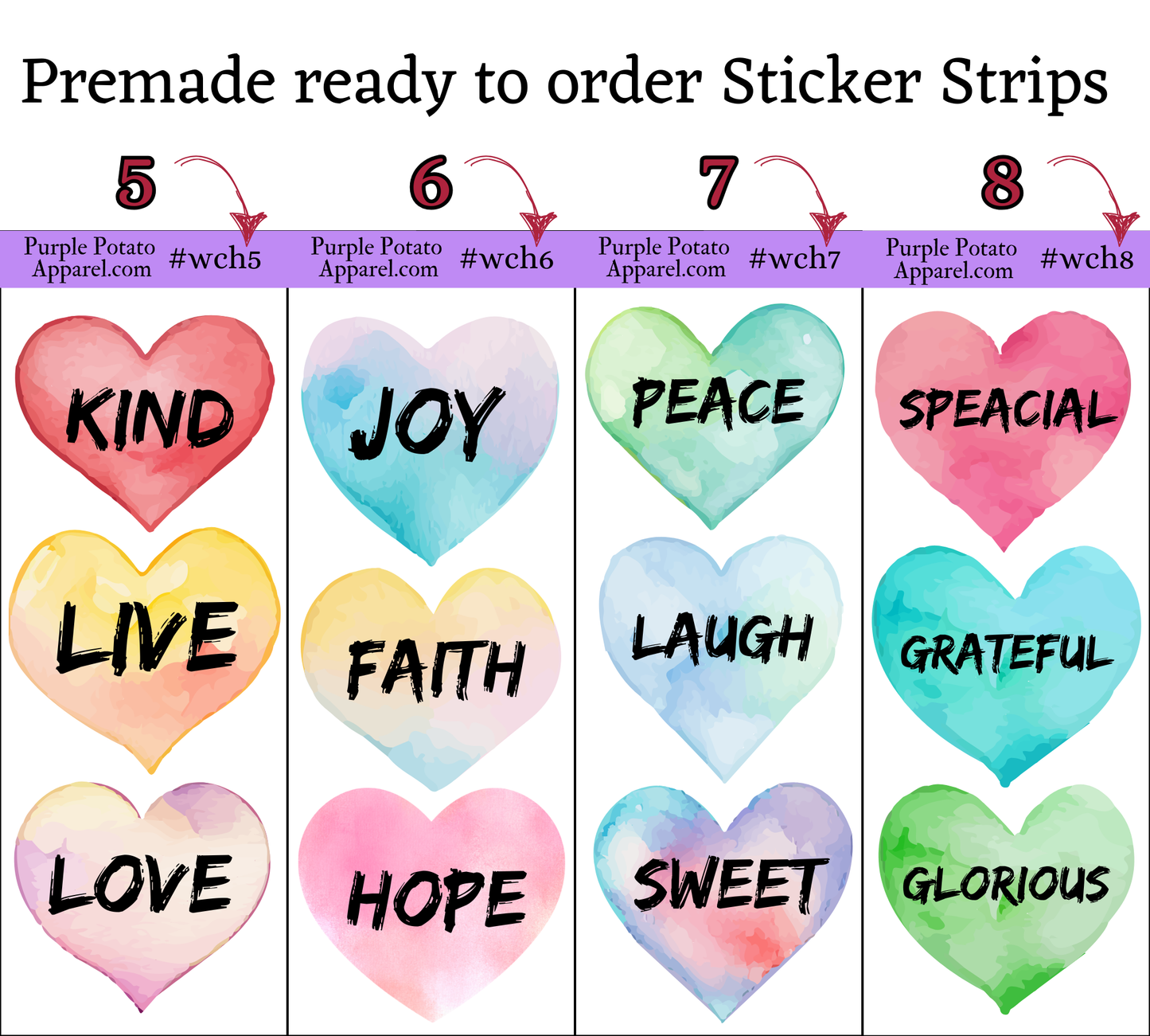 Customizable Watercolor Heart Stickers Strips Or Pre-made Positive, Feel Good Stickers.