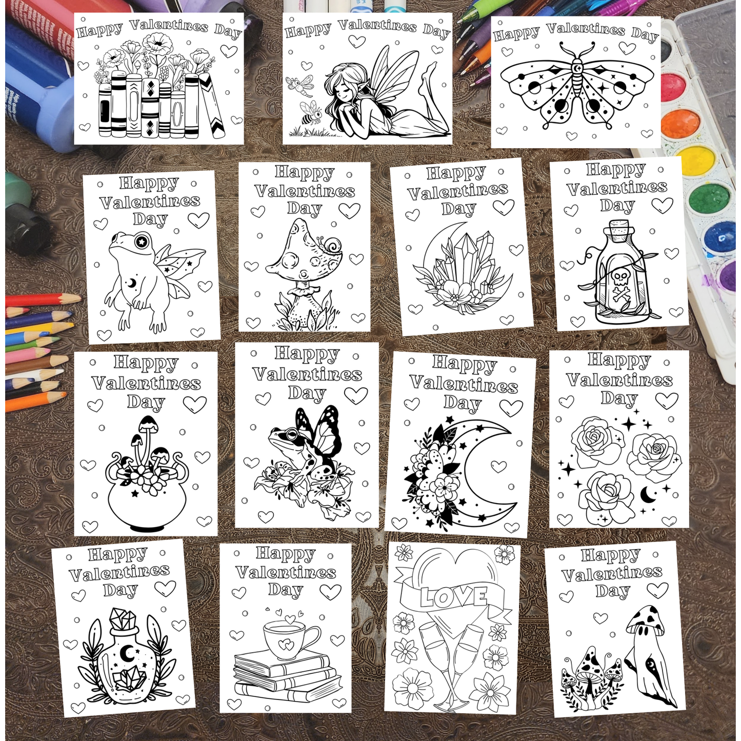 Valentine Kit. Coloring Night. 50+ Design options. 4 items: Crayons, Sticker, Valentine, Envelope.