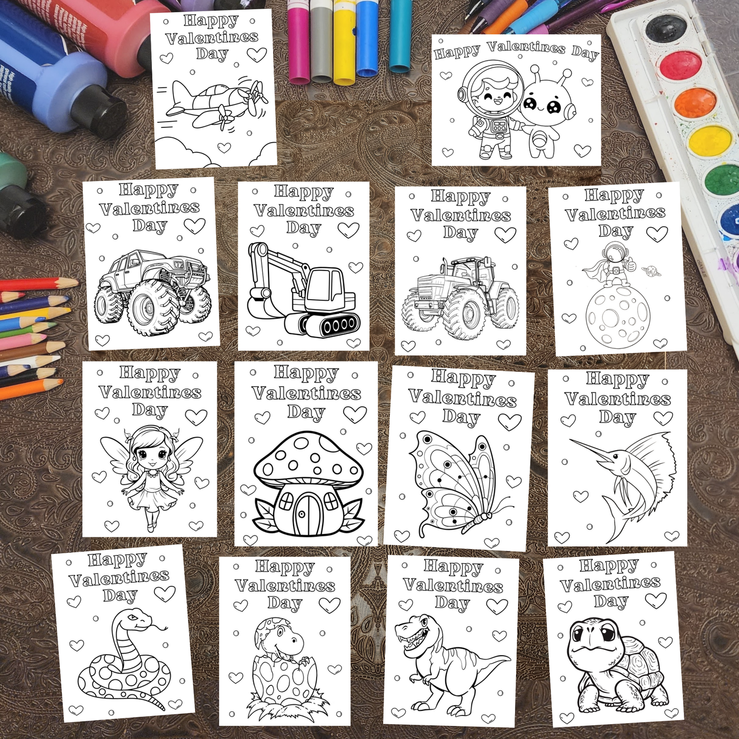 Valentine Kit. Coloring Night. 50+ Design options. 4 items: Crayons, Sticker, Valentine, Envelope.