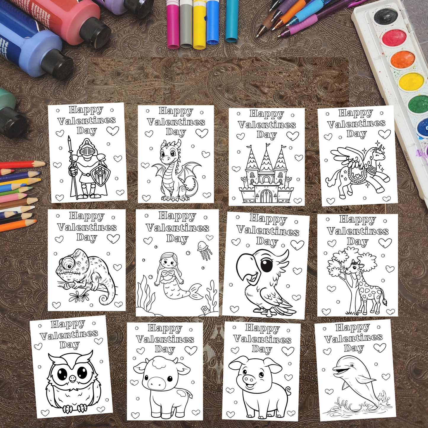 Valentine Kit. Coloring Night. 50+ Design options. 4 items: Crayons, Sticker, Valentine, Envelope.