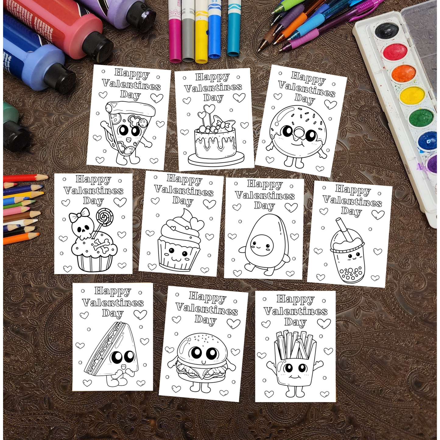 Valentine Kit. Coloring Night. 50+ Design options. 4 items: Crayons, Sticker, Valentine, Envelope.